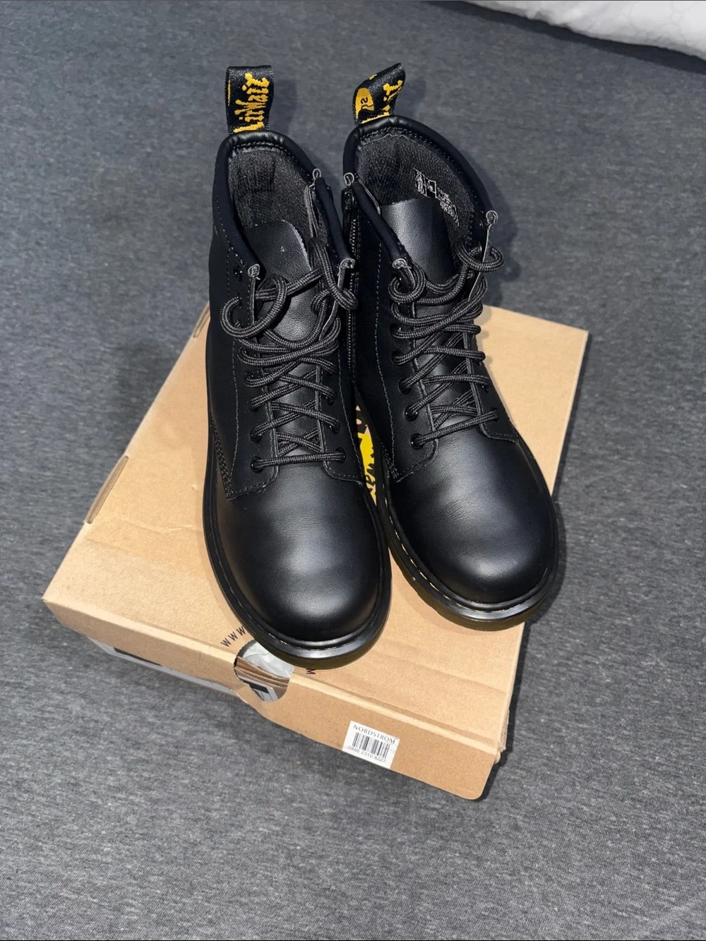 Dr. Martens Girls Black Leather Lace-Up Combat Boots with Yellow Pull Tabs